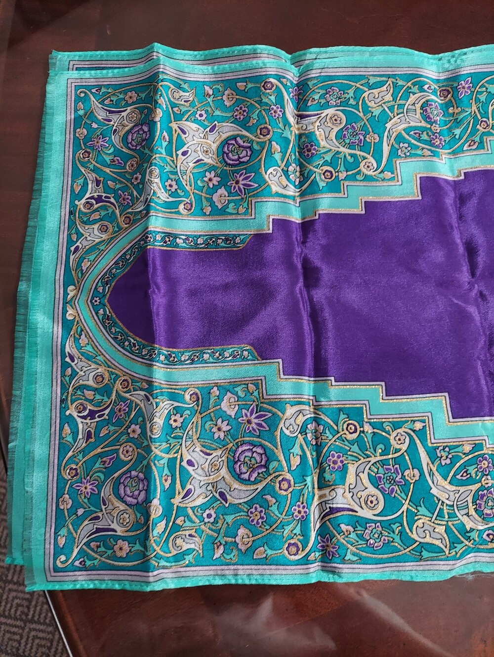 Oscar De La Renta Silk Paisley Border Scarf in Teal, Purple, And Gold